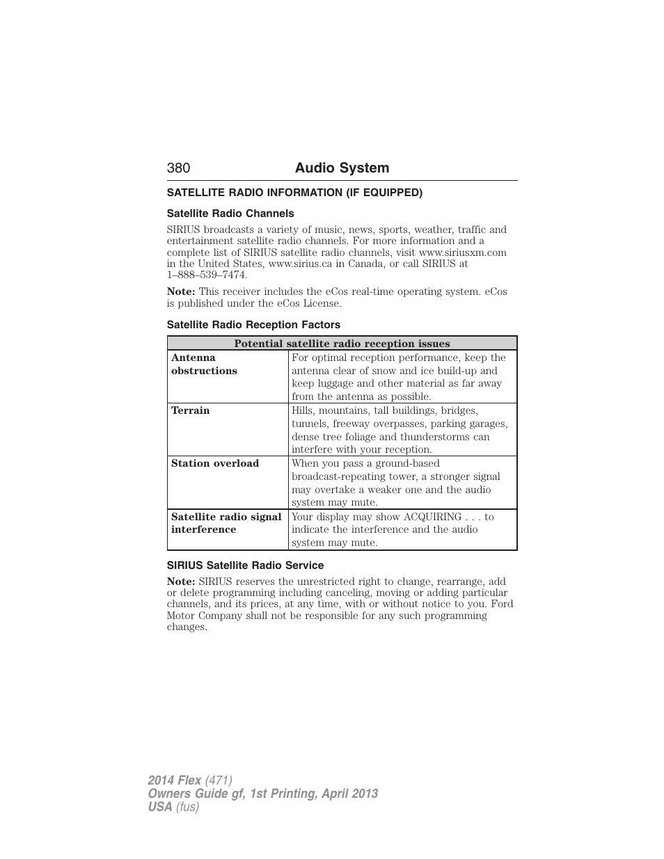 Satellite radio information (if equipped), Satellite radio channels, Satellite radio reception factors | Sirius satellite radio service, Satellite radio information, 380 audio system | FORD 2014 Flex v.1 User Manual | Page 381 / 554