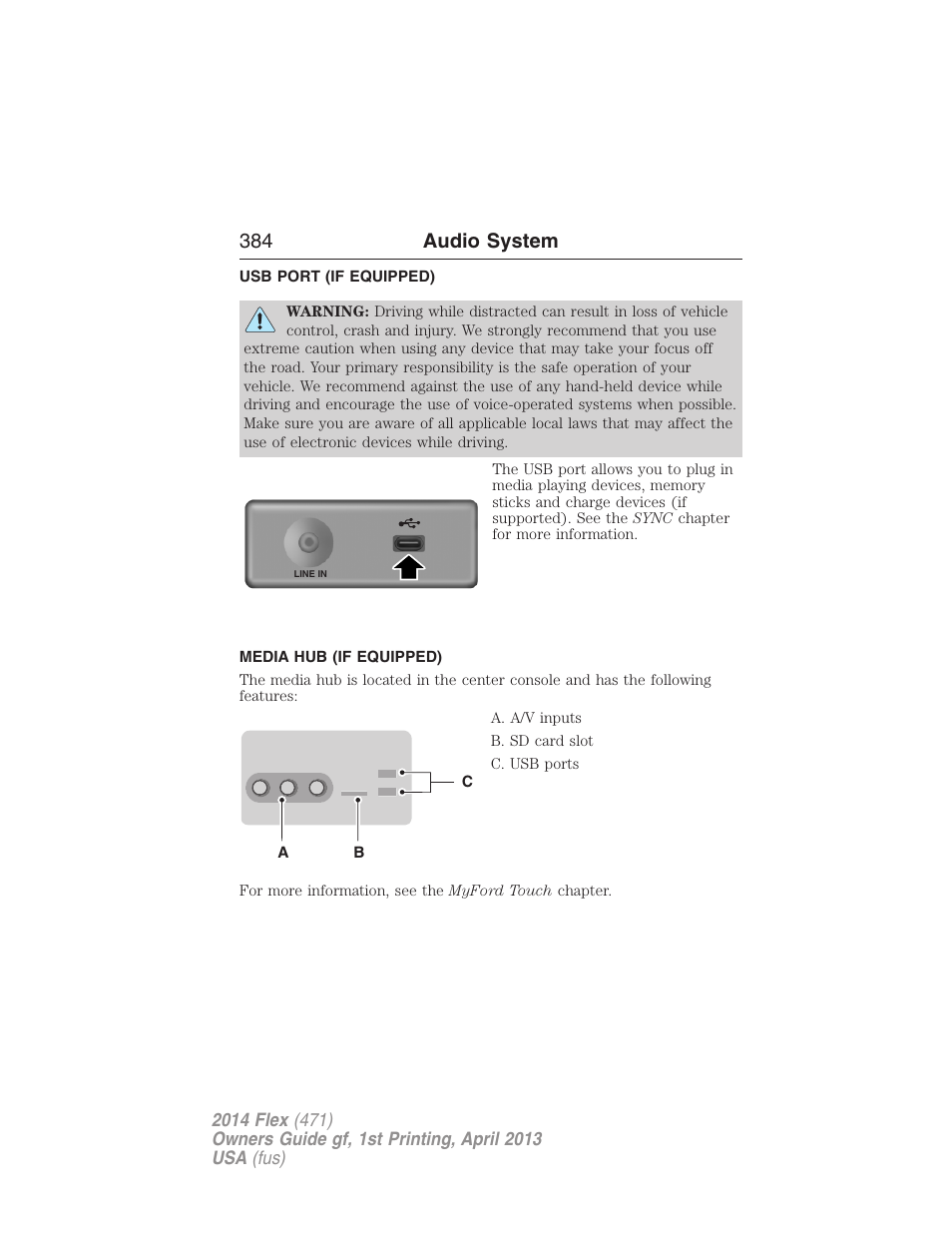 Usb port (if equipped), Media hub (if equipped), Usb port | 384 audio system | FORD 2014 Flex v.1 User Manual | Page 385 / 554