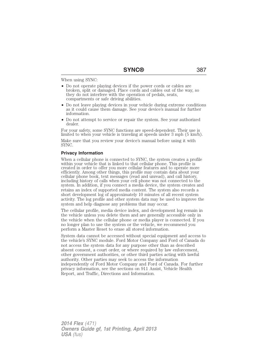 Privacy information, Sync® 387 | FORD 2014 Flex v.1 User Manual | Page 388 / 554