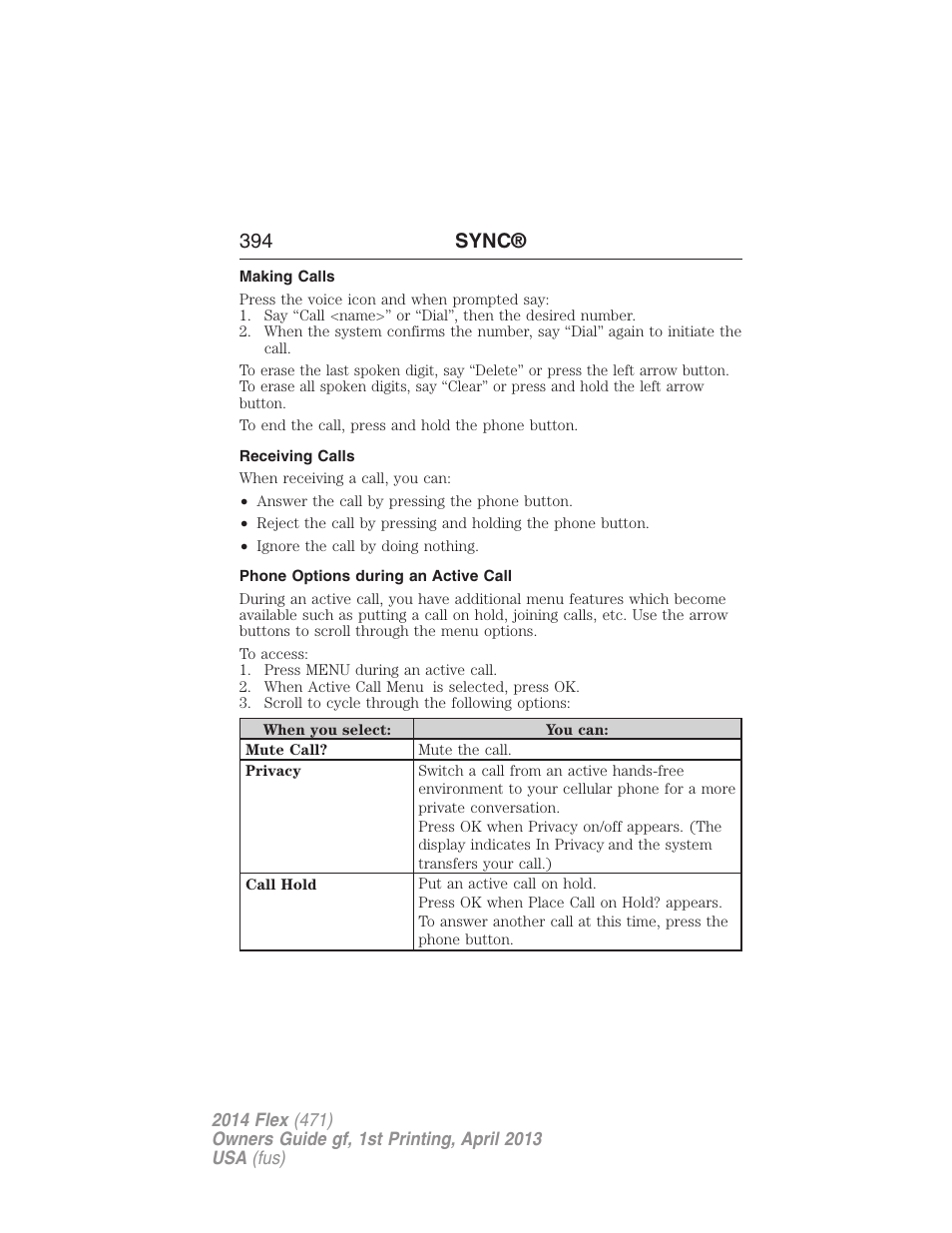 Making calls, Receiving calls, Phone options during an active call | 394 sync | FORD 2014 Flex v.1 User Manual | Page 395 / 554
