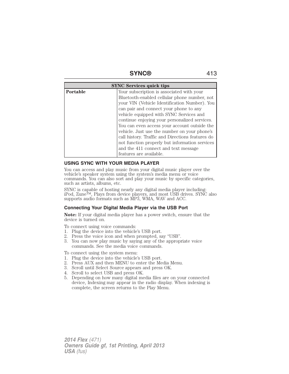 Using sync with your media player, Sync® 413 | FORD 2014 Flex v.1 User Manual | Page 414 / 554