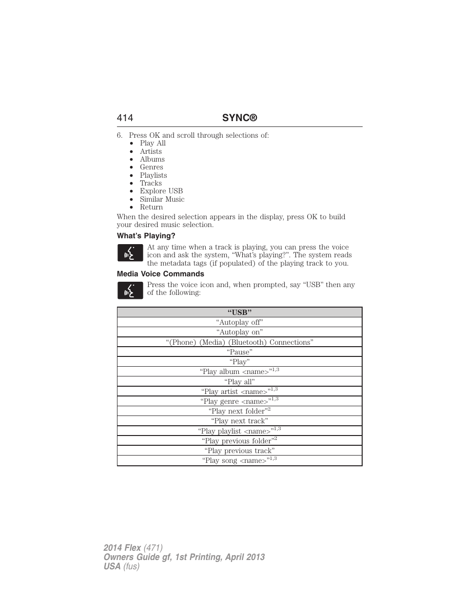 What’s playing, Media voice commands, 414 sync | FORD 2014 Flex v.1 User Manual | Page 415 / 554