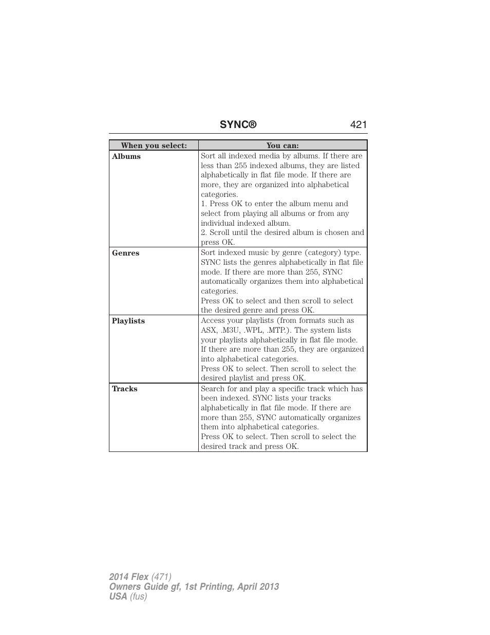Sync® 421 | FORD 2014 Flex v.1 User Manual | Page 422 / 554