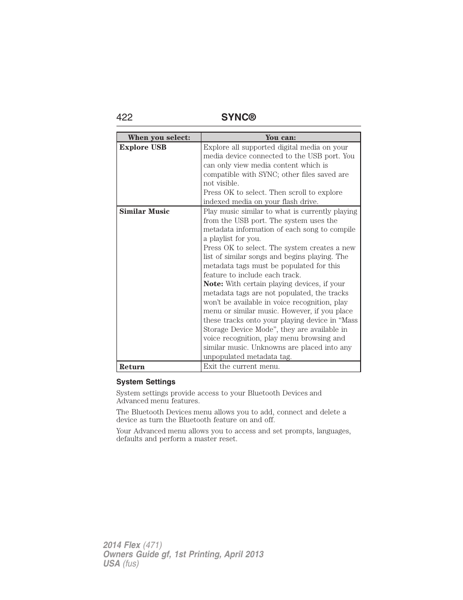 System settings, 422 sync | FORD 2014 Flex v.1 User Manual | Page 423 / 554