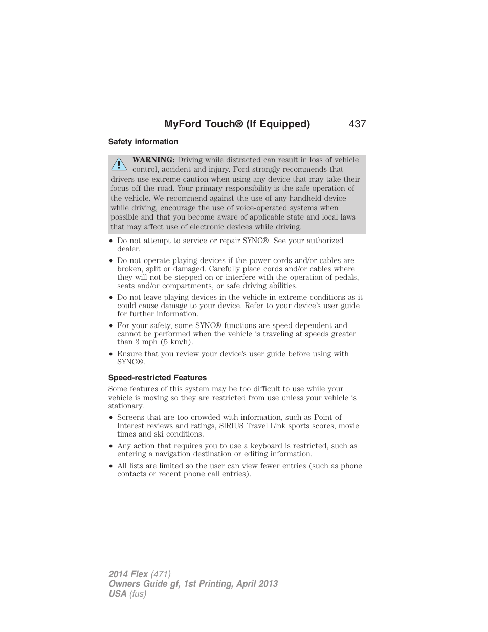 Safety information, Speed-restricted features, Myford touch® (if equipped) 437 | FORD 2014 Flex v.1 User Manual | Page 438 / 554