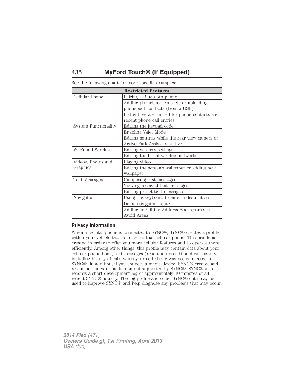 Privacy information, 438 myford touch® (if equipped) | FORD 2014 Flex v.1 User Manual | Page 439 / 554