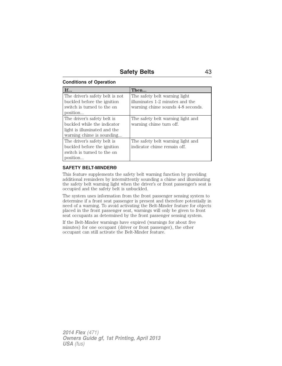 Conditions of operation, Safety belt-minder, Safety belts 43 | FORD 2014 Flex v.1 User Manual | Page 44 / 554