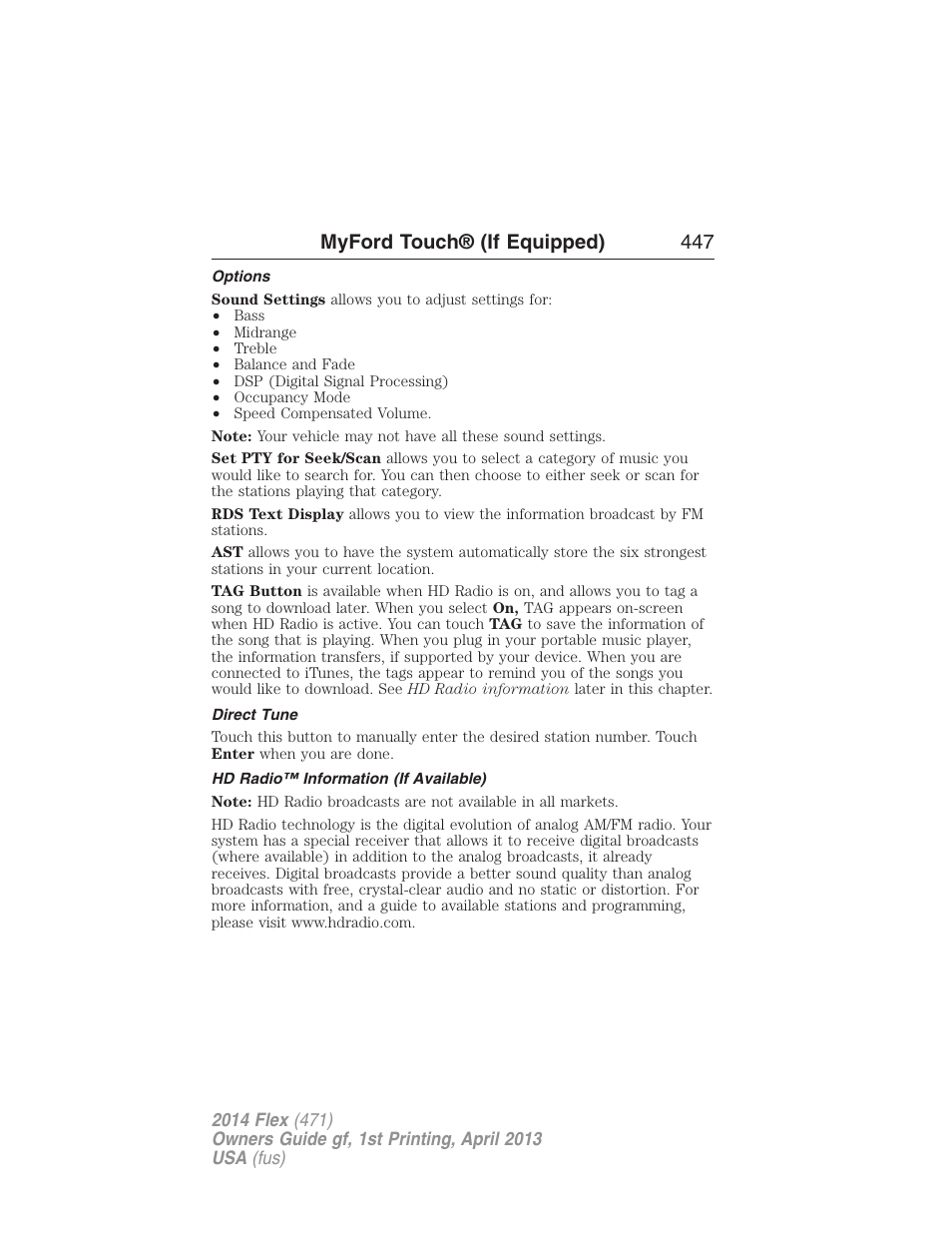 Options, Direct tune, Hd radio™ information (if available) | Myford touch® (if equipped) 447 | FORD 2014 Flex v.1 User Manual | Page 448 / 554