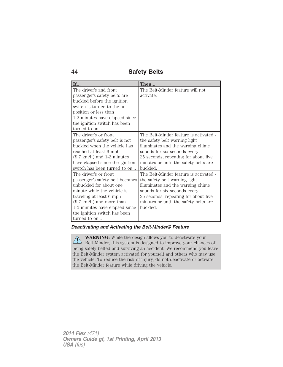 44 safety belts | FORD 2014 Flex v.1 User Manual | Page 45 / 554