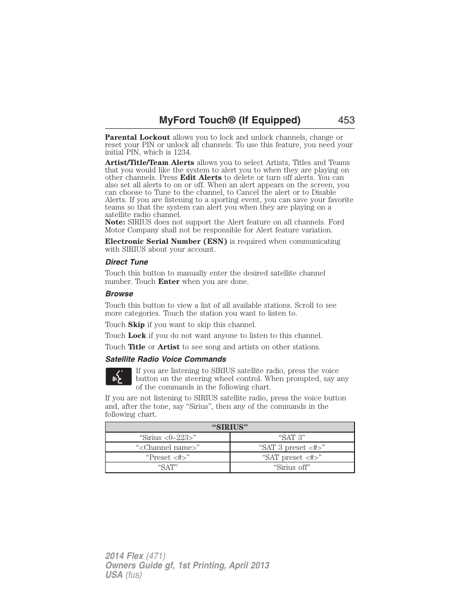 Direct tune, Browse, Satellite radio voice commands | Myford touch® (if equipped) 453 | FORD 2014 Flex v.1 User Manual | Page 454 / 554