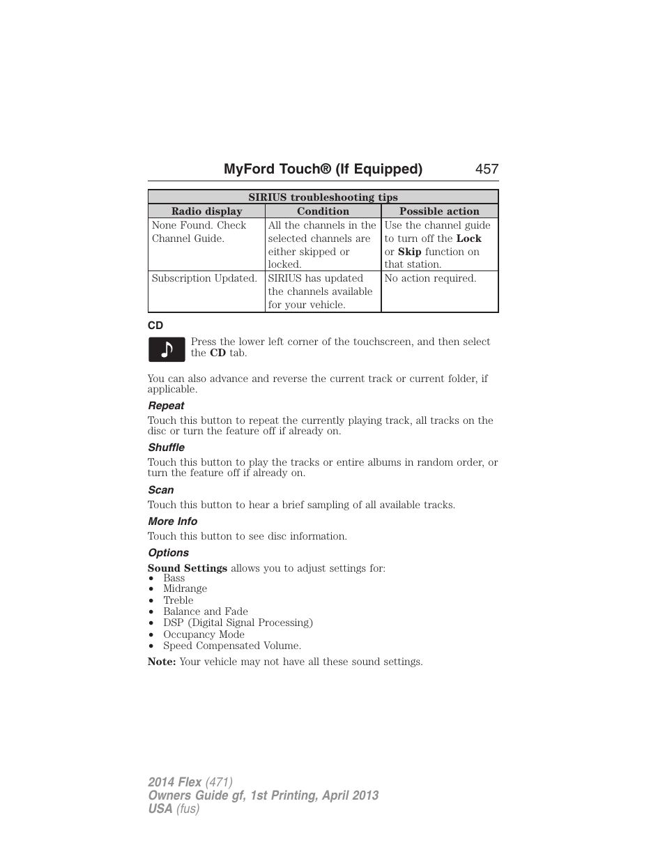 Repeat, Shuffle, Scan | More info, Options, Myford touch® (if equipped) 457 | FORD 2014 Flex v.1 User Manual | Page 458 / 554