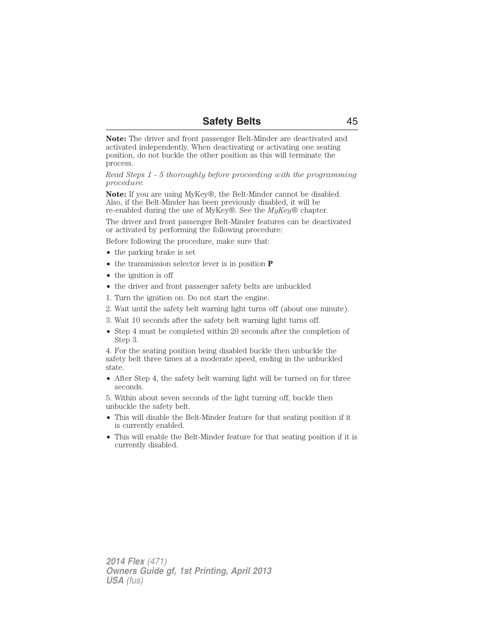 Safety belts 45 | FORD 2014 Flex v.1 User Manual | Page 46 / 554