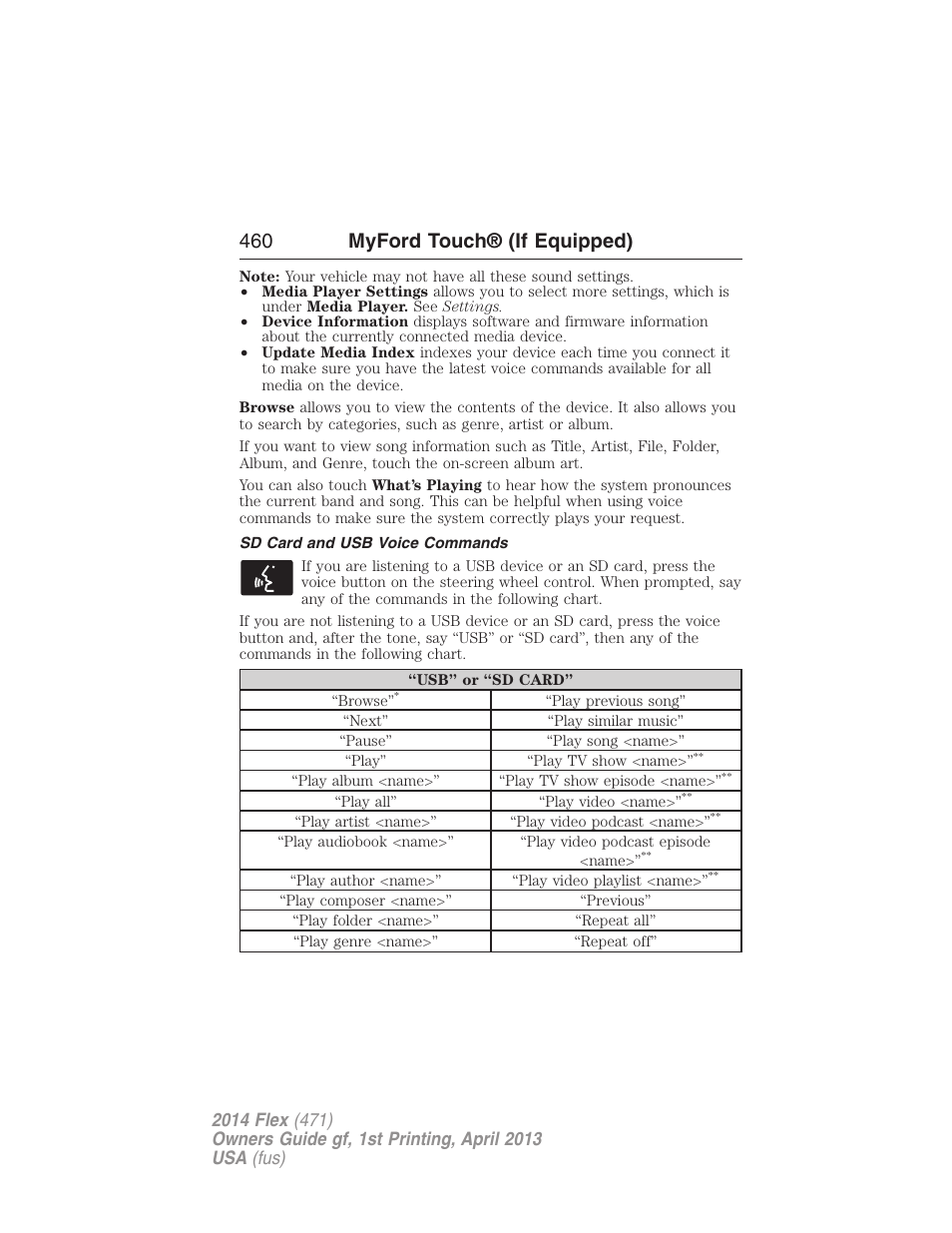 Sd card and usb voice commands, 460 myford touch® (if equipped) | FORD 2014 Flex v.1 User Manual | Page 461 / 554