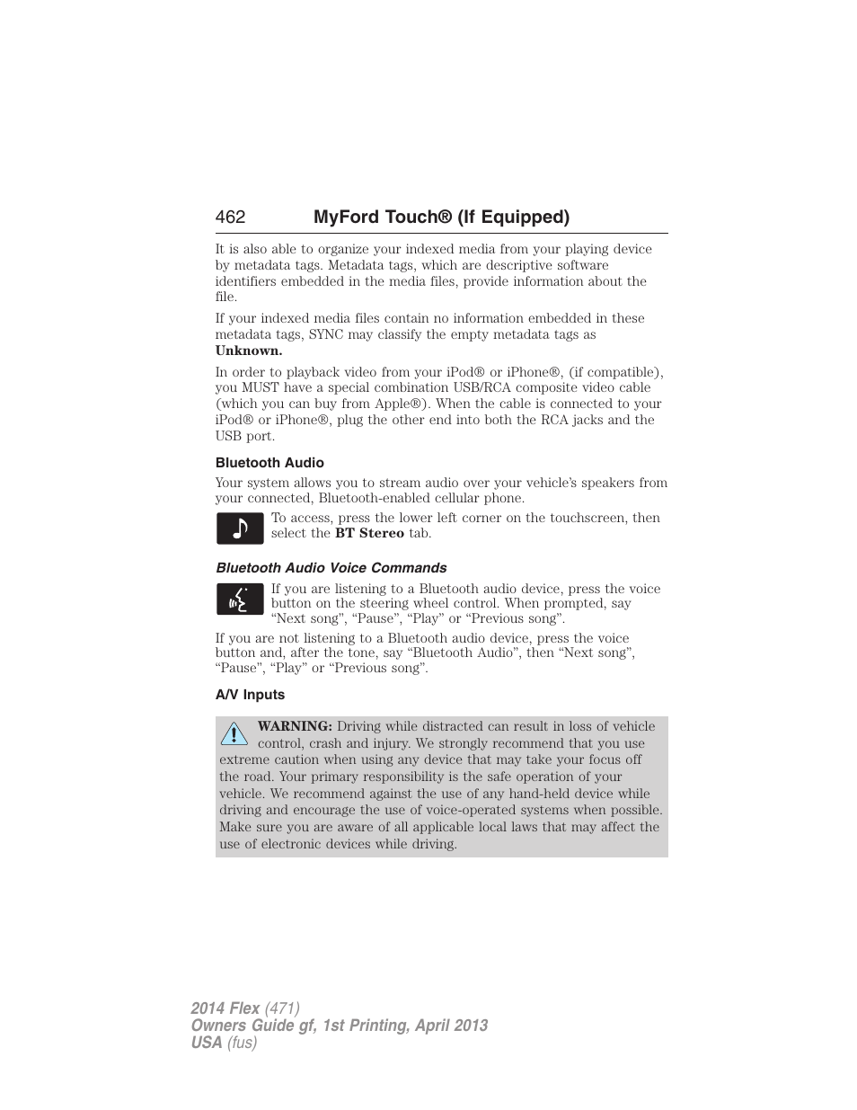 Bluetooth audio, Bluetooth audio voice commands, A/v inputs | 462 myford touch® (if equipped) | FORD 2014 Flex v.1 User Manual | Page 463 / 554