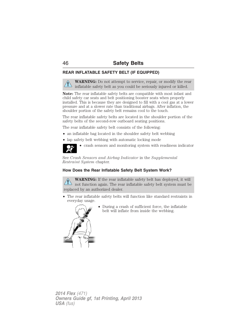 Rear inflatable safety belt (if equipped), Rear inflatable safety belt, 46 safety belts | FORD 2014 Flex v.1 User Manual | Page 47 / 554