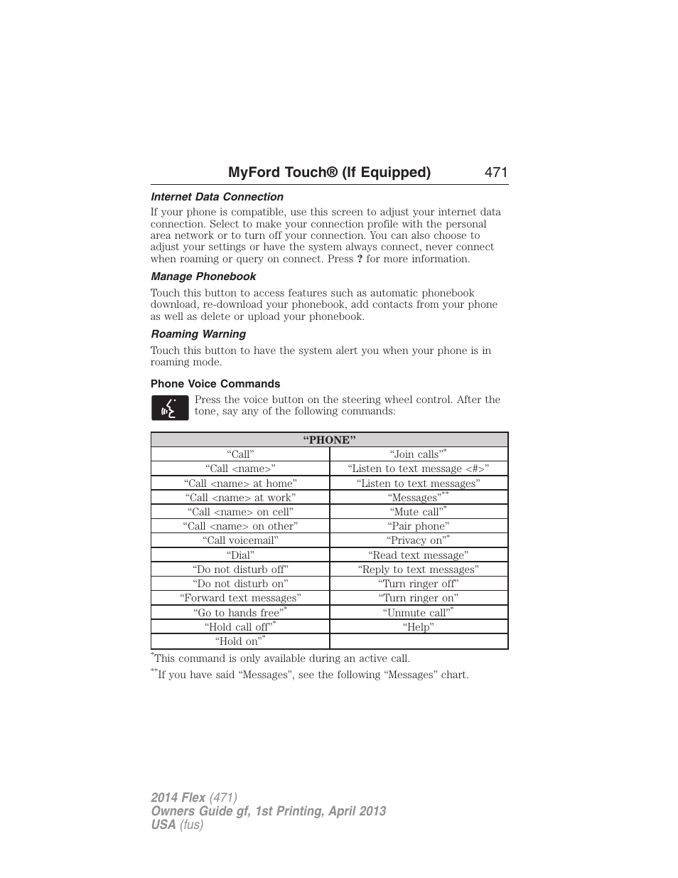 Internet data connection, Manage phonebook, Roaming warning | Phone voice commands, Myford touch® (if equipped) 471 | FORD 2014 Flex v.1 User Manual | Page 472 / 554