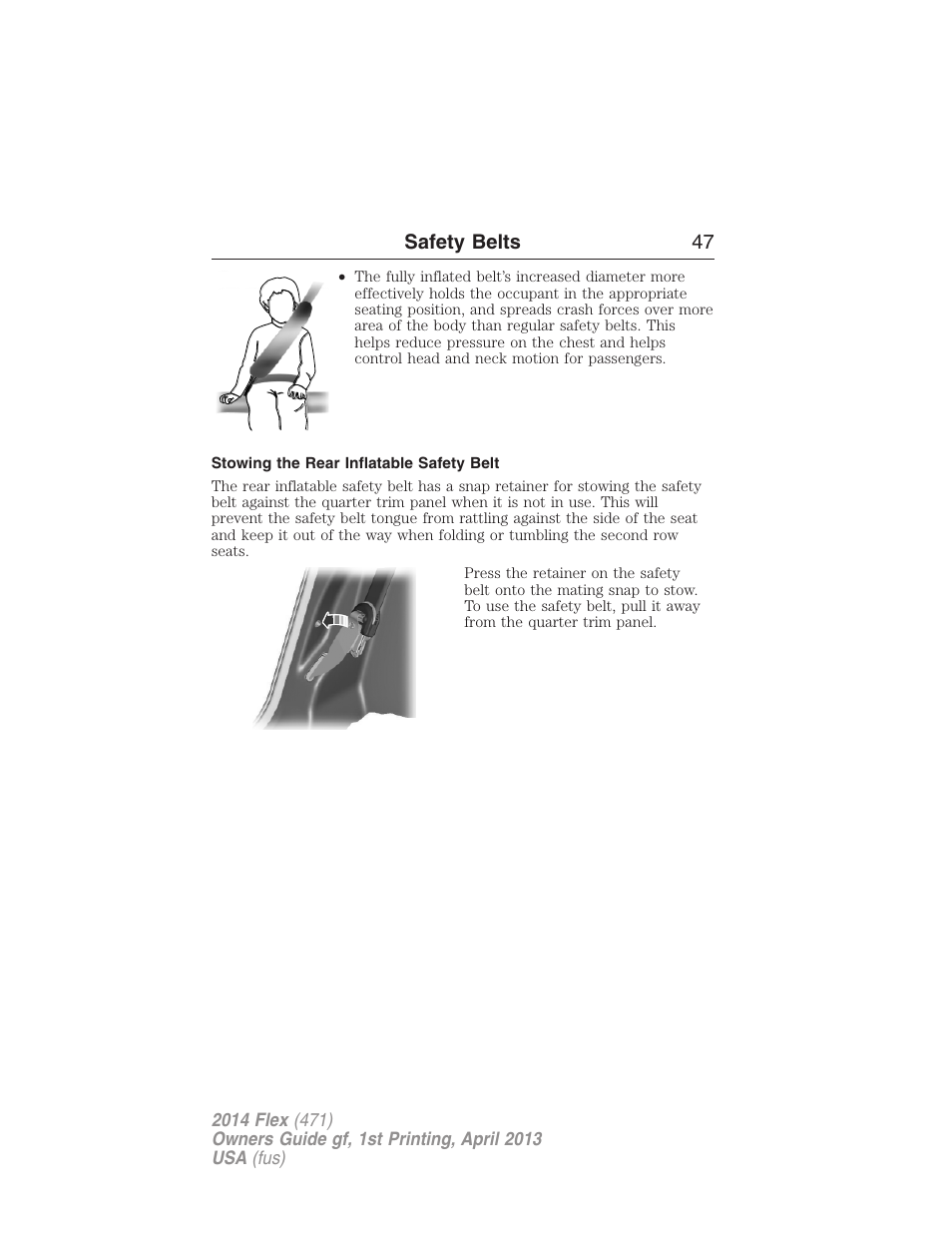Stowing the rear inflatable safety belt | FORD 2014 Flex v.1 User Manual | Page 48 / 554