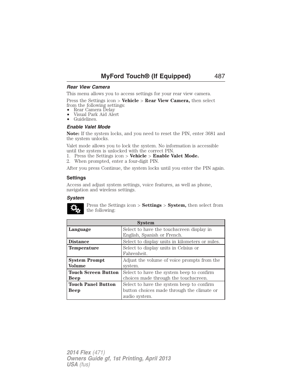 Rear view camera, Enable valet mode, Settings | System, Myford touch® (if equipped) 487 | FORD 2014 Flex v.1 User Manual | Page 488 / 554