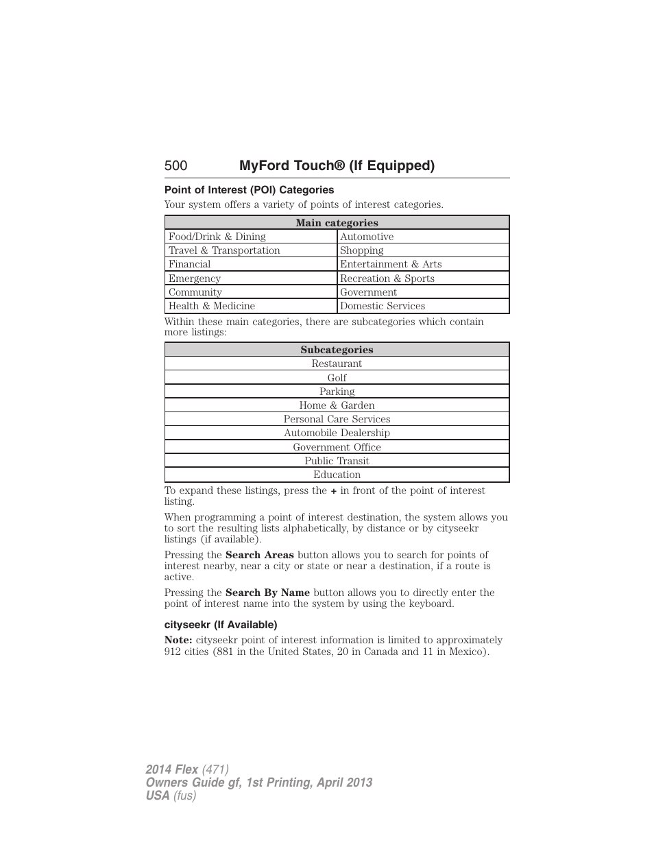 Point of interest (poi) categories, Cityseekr (if available), 500 myford touch® (if equipped) | FORD 2014 Flex v.1 User Manual | Page 501 / 554