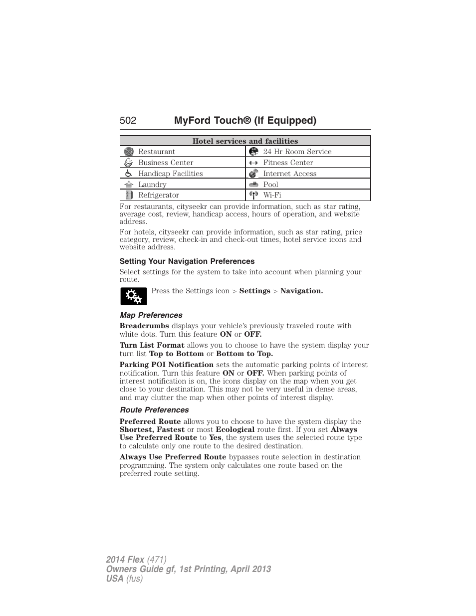 Setting your navigation preferences, Map preferences, Route preferences | 502 myford touch® (if equipped) | FORD 2014 Flex v.1 User Manual | Page 503 / 554