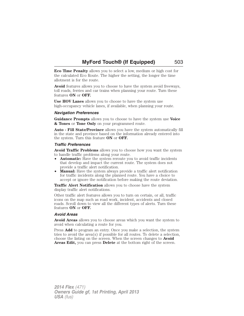 Navigation preferences, Traffic preferences, Avoid areas | Myford touch® (if equipped) 503 | FORD 2014 Flex v.1 User Manual | Page 504 / 554