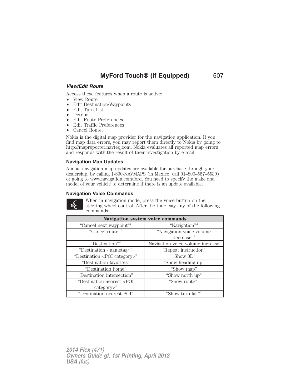 View/edit route, Navigation map updates, Navigation voice commands | Myford touch® (if equipped) 507 | FORD 2014 Flex v.1 User Manual | Page 508 / 554