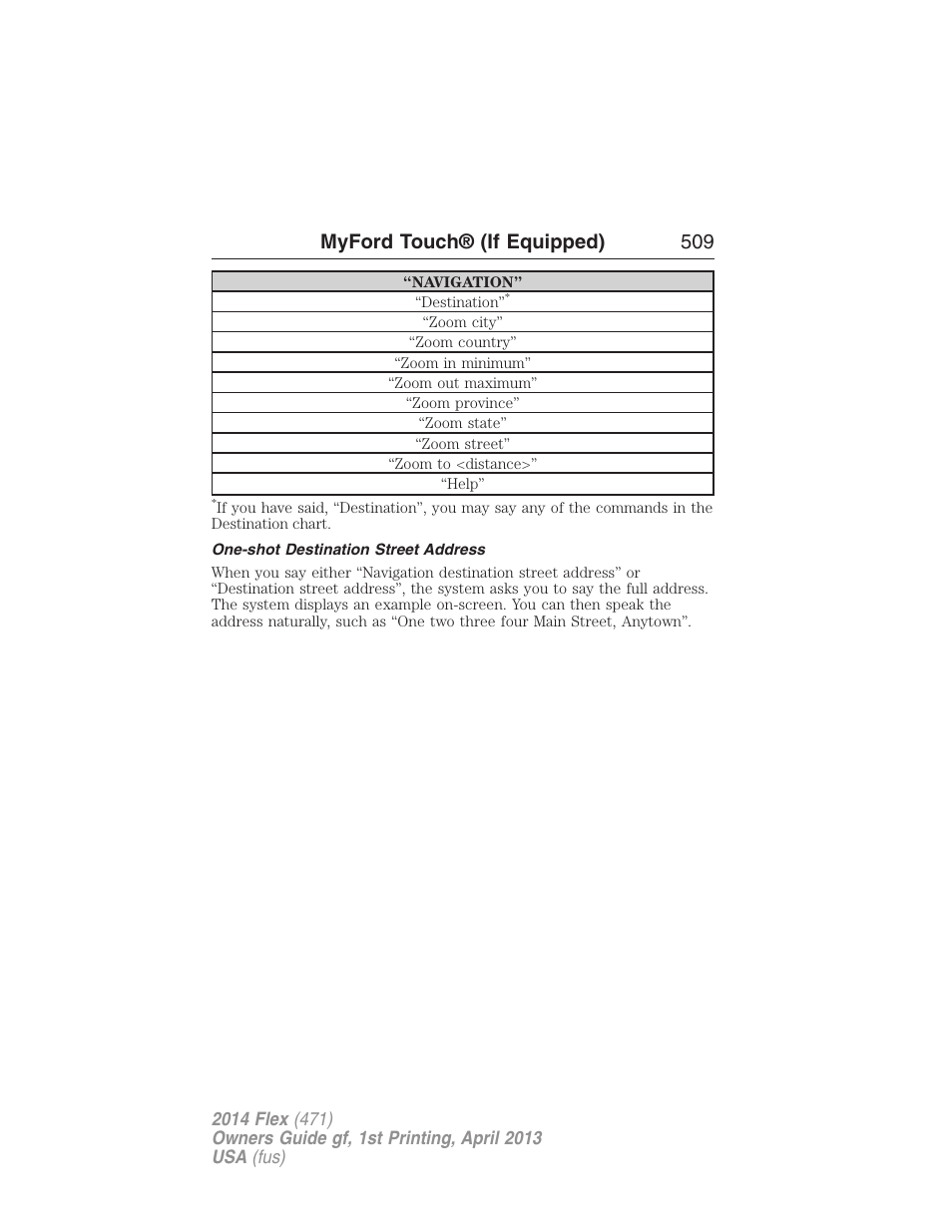 One-shot destination street address, Myford touch® (if equipped) 509 | FORD 2014 Flex v.1 User Manual | Page 510 / 554