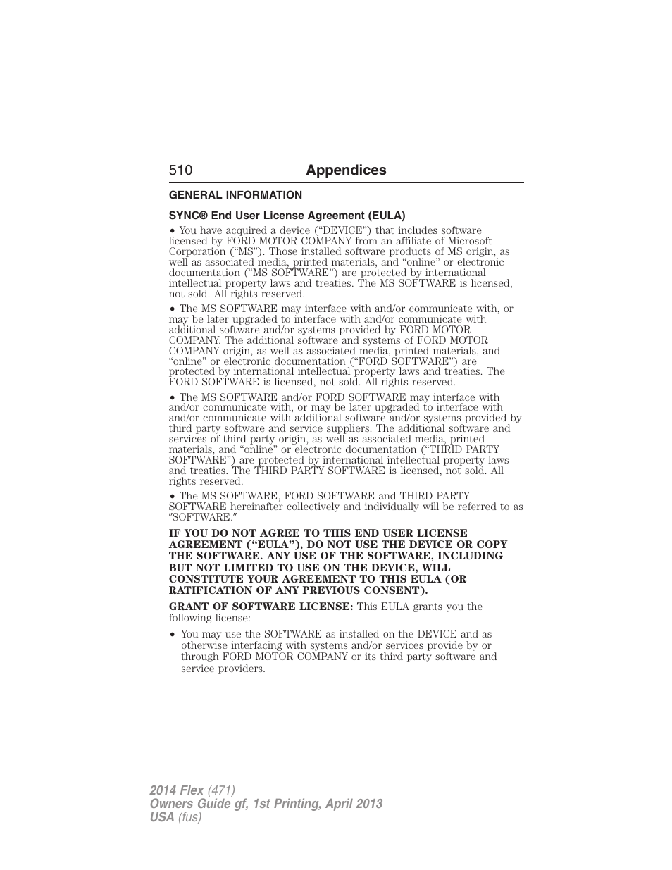 Appendices, General information, Sync® end user license agreement (eula) | 510 appendices | FORD 2014 Flex v.1 User Manual | Page 511 / 554