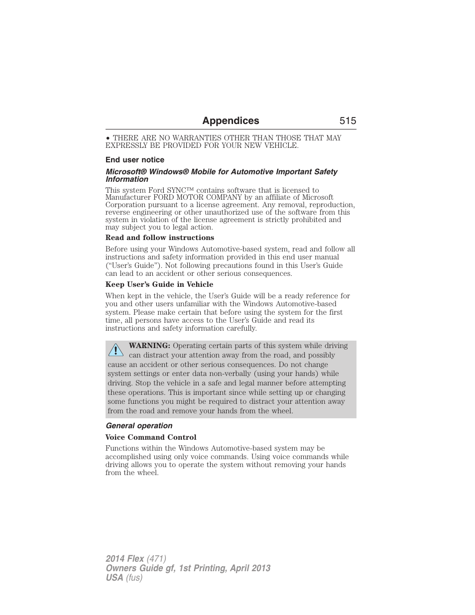 End user notice, General operation, Appendices 515 | FORD 2014 Flex v.1 User Manual | Page 516 / 554