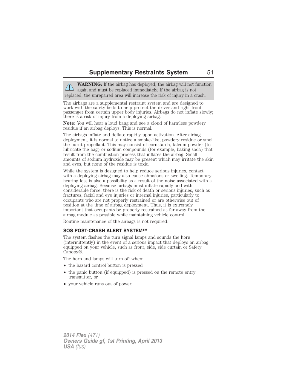 Sos post-crash alert system, Supplementary restraints system 51 | FORD 2014 Flex v.1 User Manual | Page 52 / 554