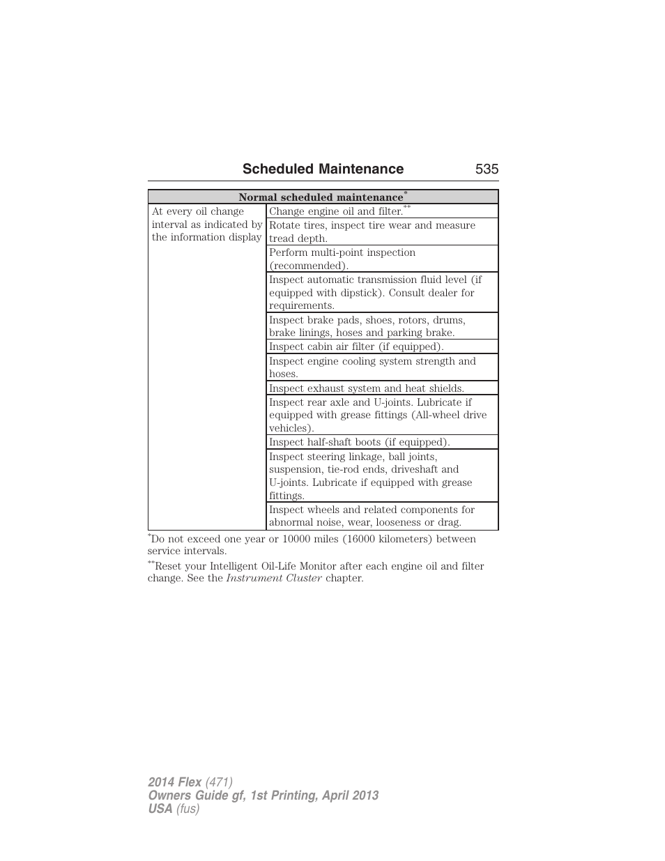 Scheduled maintenance 535 | FORD 2014 Flex v.1 User Manual | Page 536 / 554