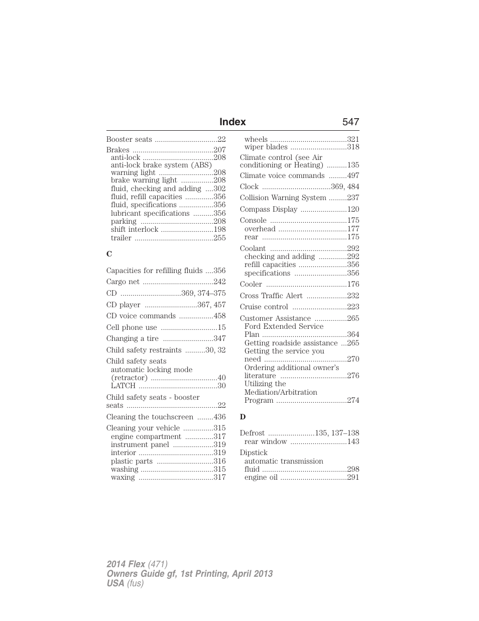 Index 547 | FORD 2014 Flex v.1 User Manual | Page 548 / 554
