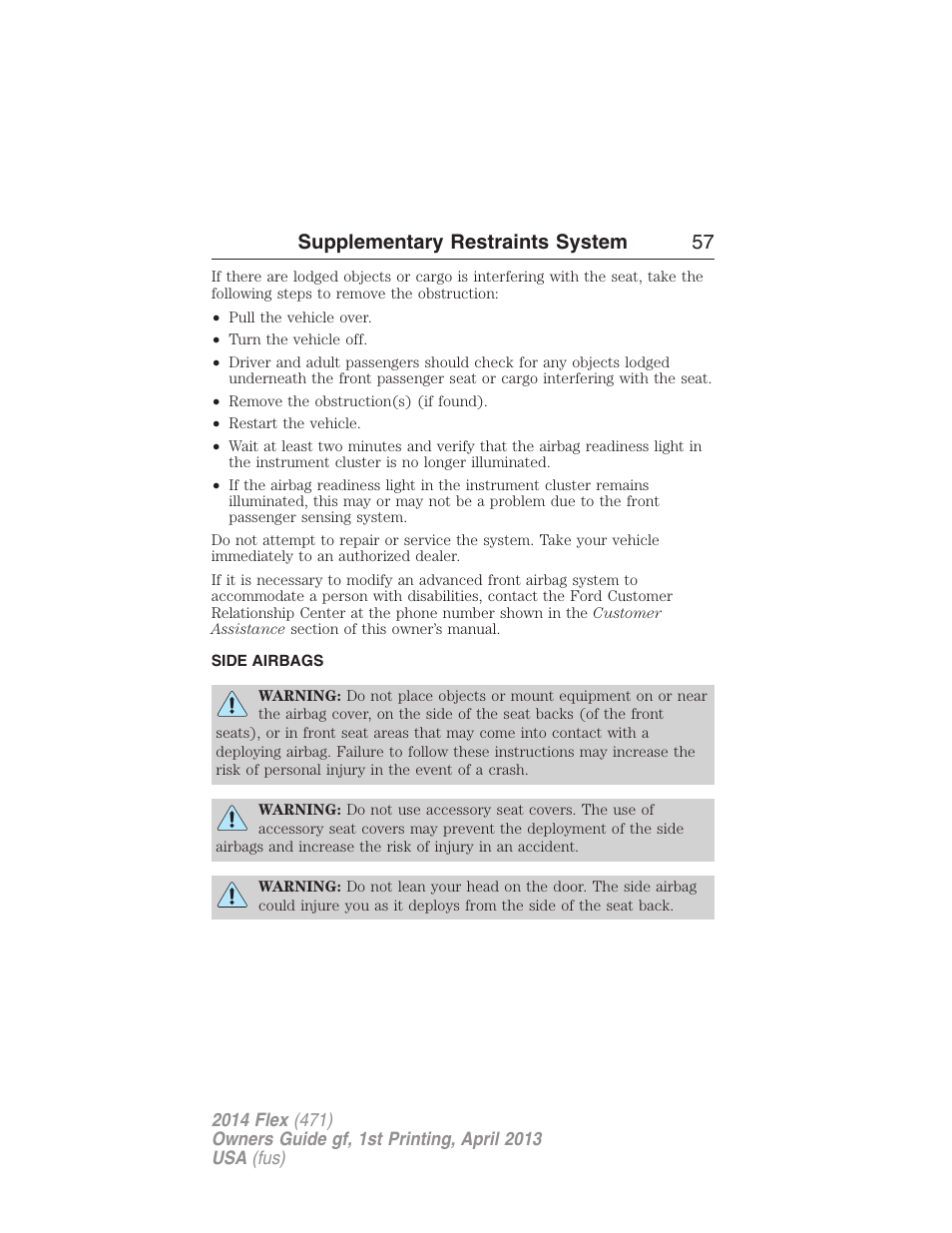 Side airbags, Supplementary restraints system 57 | FORD 2014 Flex v.1 User Manual | Page 58 / 554