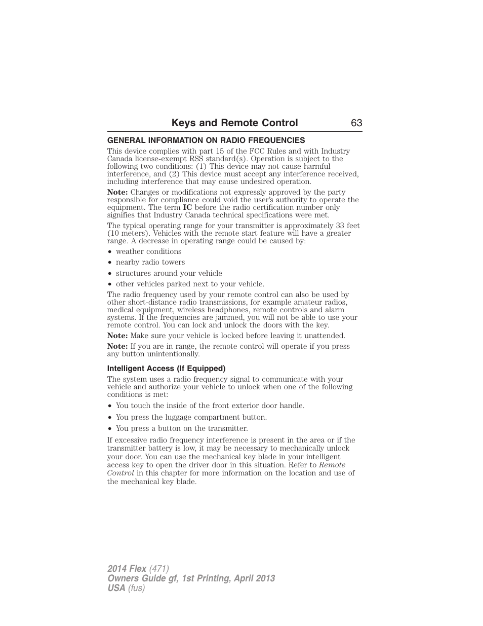 Keys and remote control, General information on radio frequencies, Intelligent access (if equipped) | Keys and remote control 63 | FORD 2014 Flex v.1 User Manual | Page 64 / 554