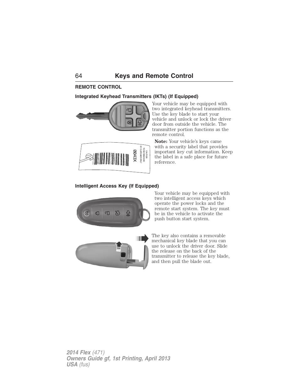 Remote control, Intelligent access key (if equipped), Keys | 64 keys and remote control | FORD 2014 Flex v.1 User Manual | Page 65 / 554