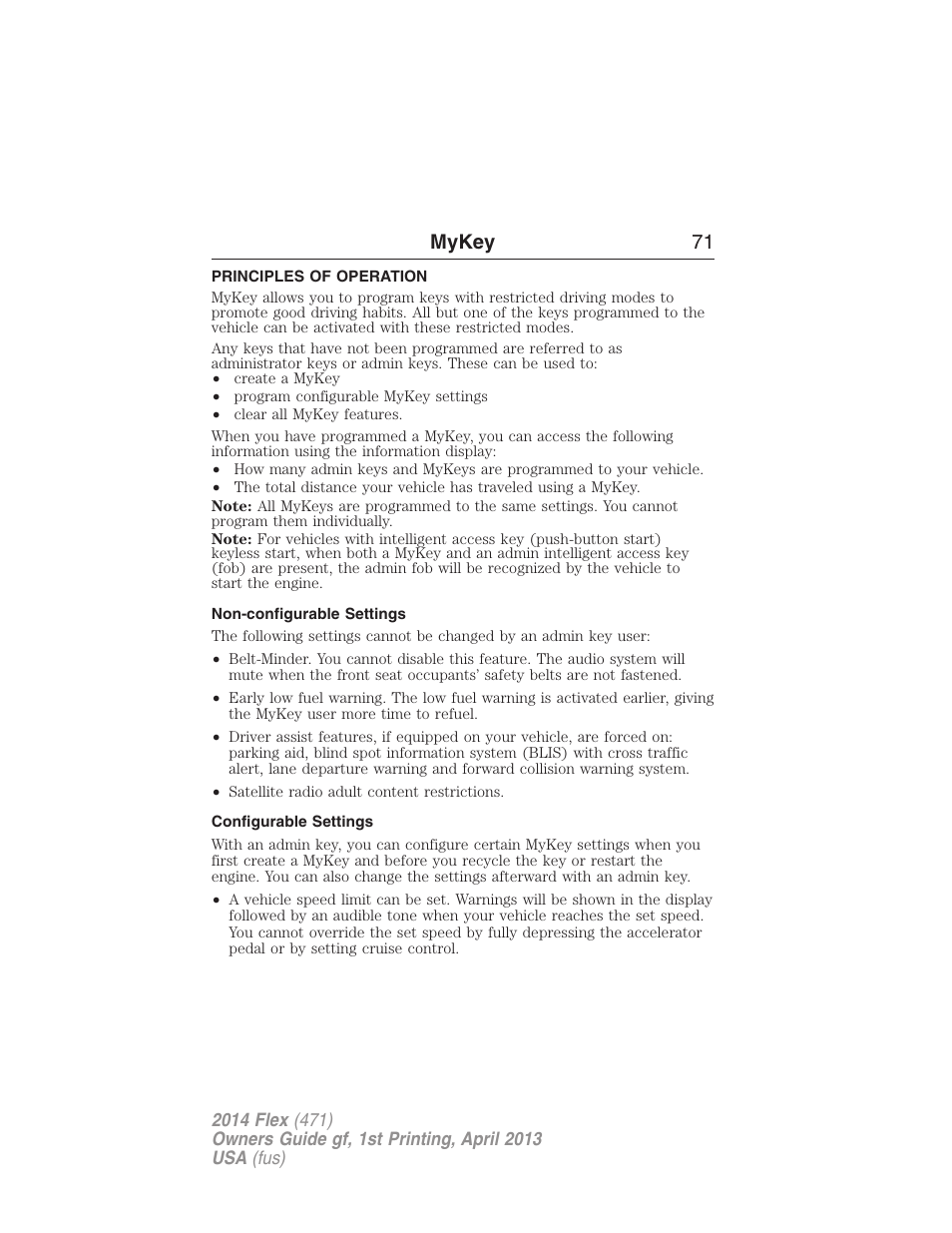 Mykey, Principles of operation, Non-configurable settings | Configurable settings, Settings, mykey, Mykey 71 | FORD 2014 Flex v.1 User Manual | Page 72 / 554