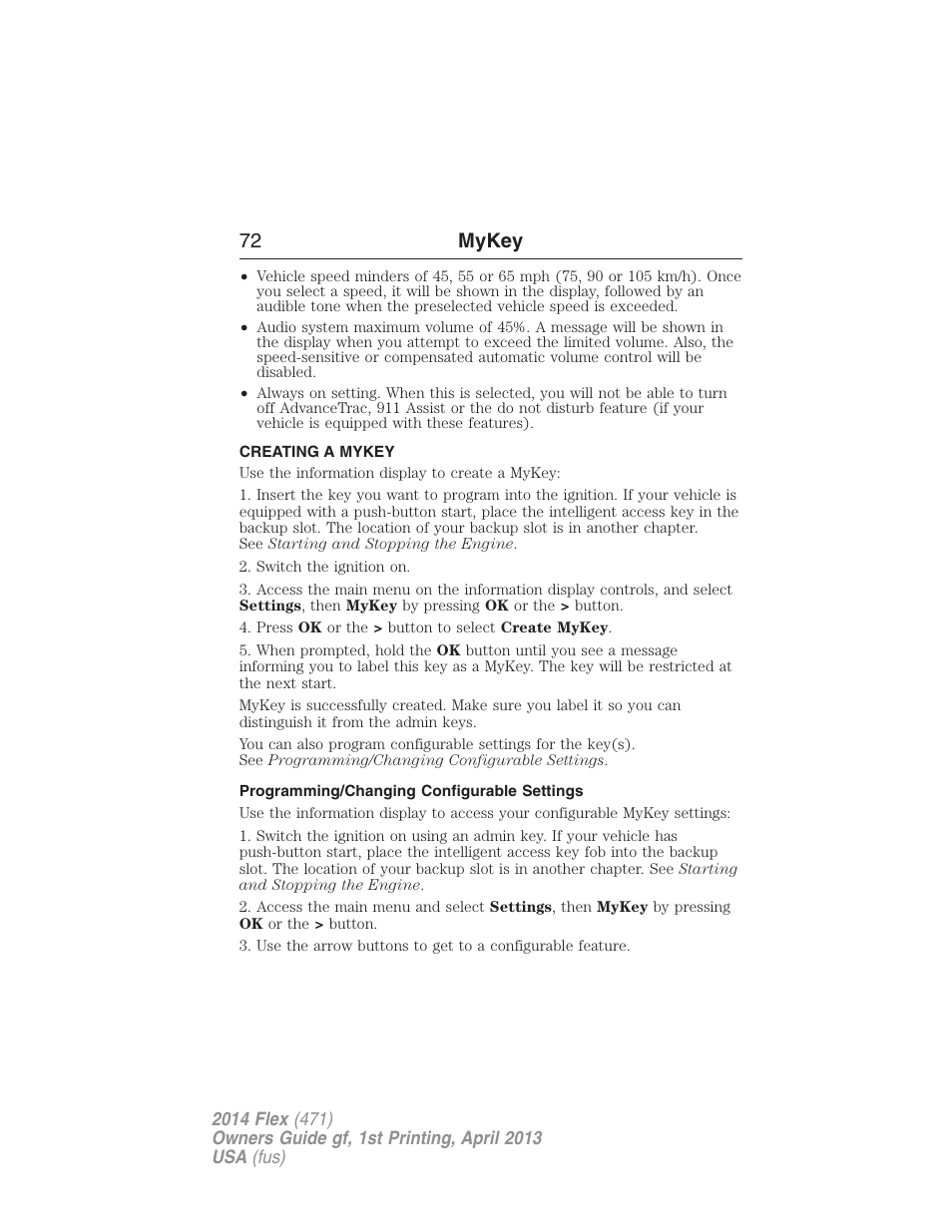 Creating a mykey, Programming/changing configurable settings, Creating | 72 mykey | FORD 2014 Flex v.1 User Manual | Page 73 / 554