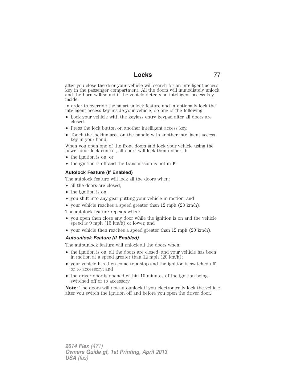 Autolock feature (if enabled), Autounlock feature (if enabled), Locks 77 | FORD 2014 Flex v.1 User Manual | Page 78 / 554