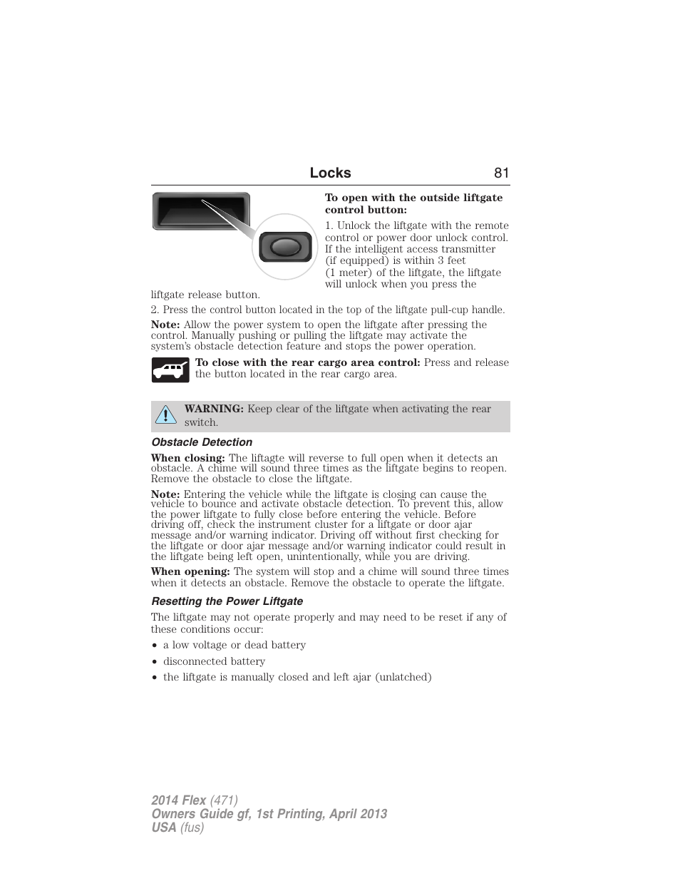Obstacle detection, Resetting the power liftgate, Locks 81 | FORD 2014 Flex v.1 User Manual | Page 82 / 554