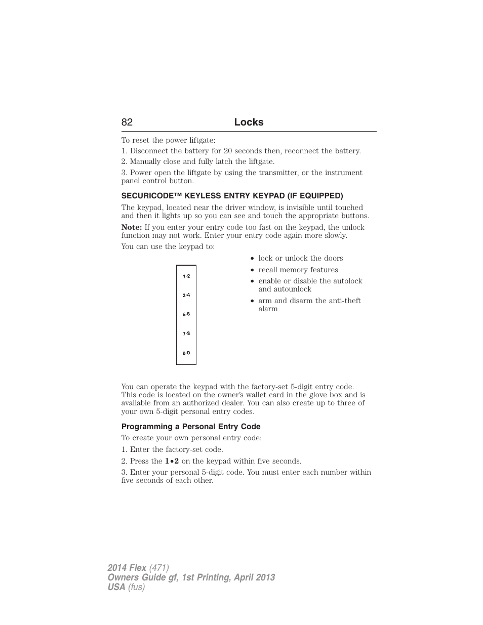 Securicode™ keyless entry keypad (if equipped), Programming a personal entry code, Securicode™ keyless entry keypad | 82 locks | FORD 2014 Flex v.1 User Manual | Page 83 / 554