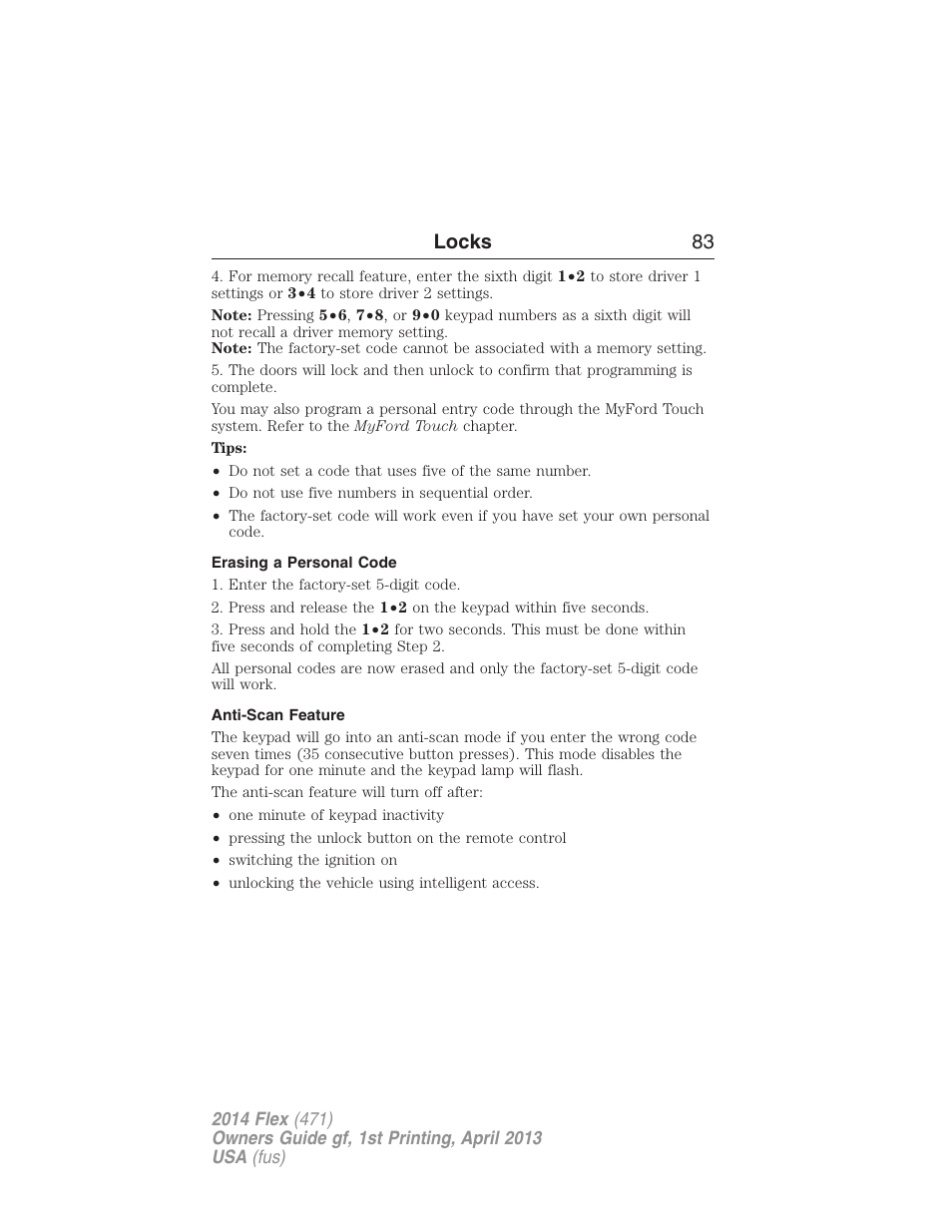 Erasing a personal code, Anti-scan feature, Locks 83 | FORD 2014 Flex v.1 User Manual | Page 84 / 554
