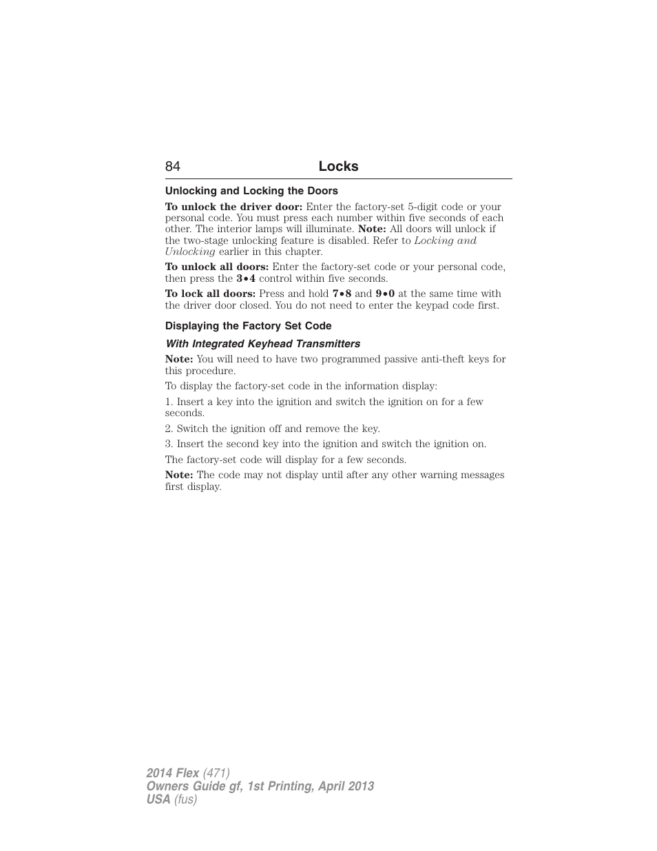 Unlocking and locking the doors, Displaying the factory set code, With integrated keyhead transmitters | 84 locks | FORD 2014 Flex v.1 User Manual | Page 85 / 554