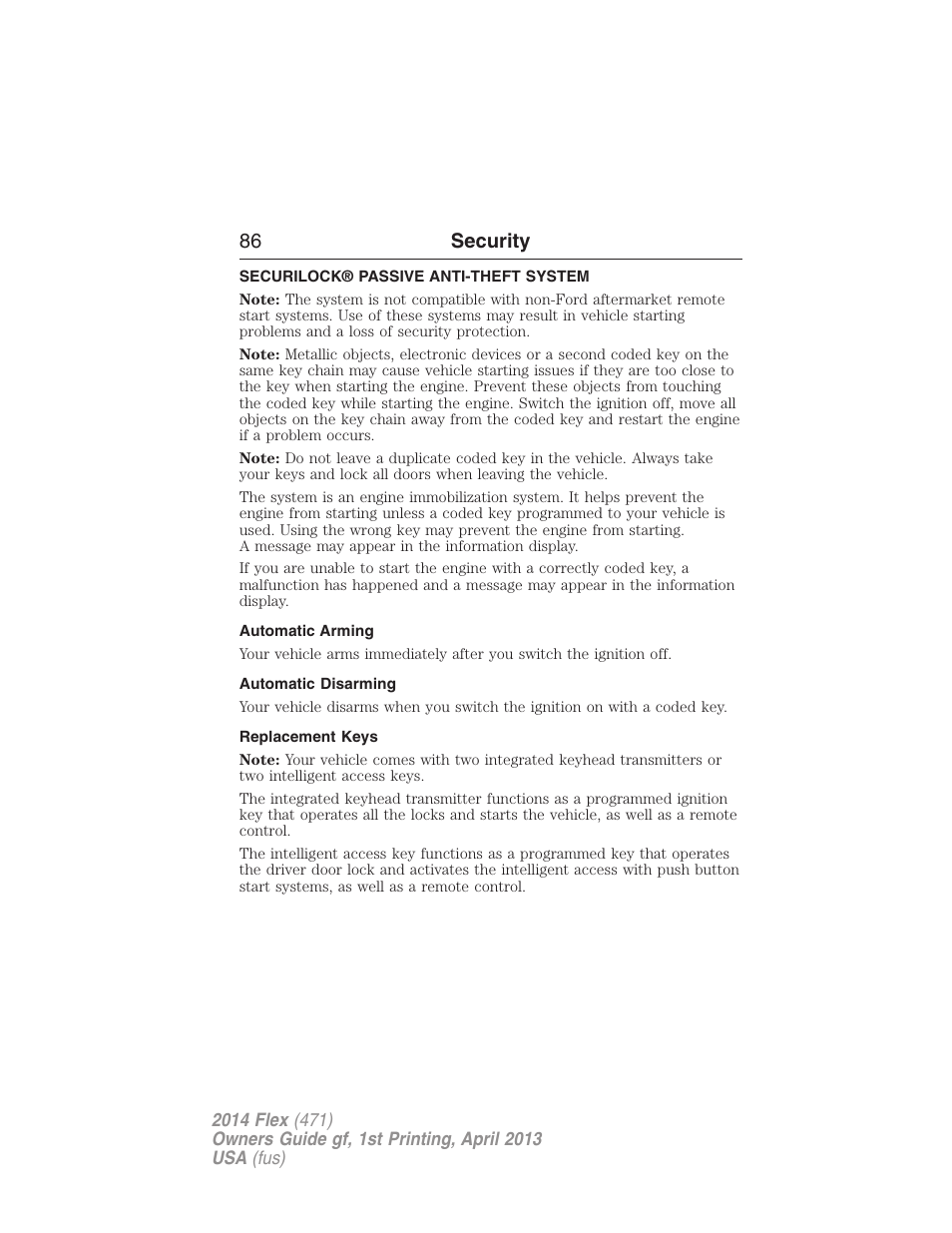 Security, Securilock® passive anti-theft system, Automatic arming | Automatic disarming, Replacement keys, 86 security | FORD 2014 Flex v.1 User Manual | Page 87 / 554