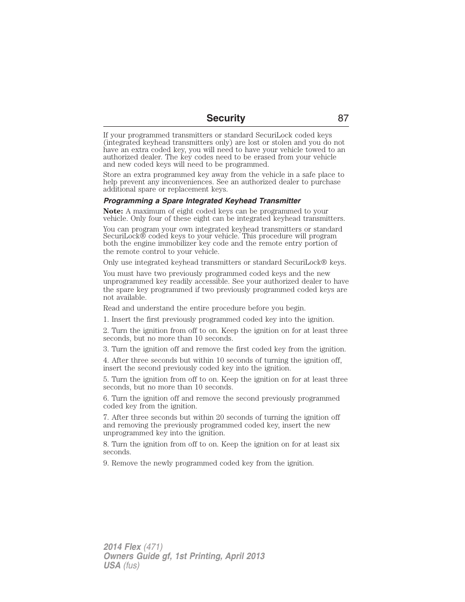 Programming a spare integrated keyhead transmitter, Security 87 | FORD 2014 Flex v.1 User Manual | Page 88 / 554