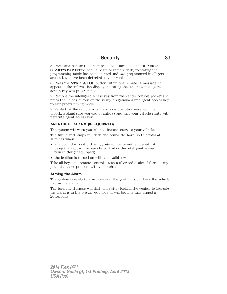 Anti-theft alarm (if equipped), Arming the alarm, Anti-theft alarm | Security 89 | FORD 2014 Flex v.1 User Manual | Page 90 / 554