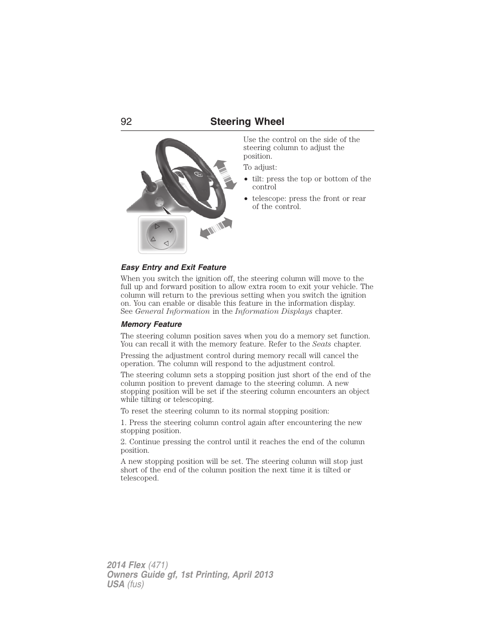 Easy entry and exit feature, Memory feature, 92 steering wheel | FORD 2014 Flex v.1 User Manual | Page 93 / 554