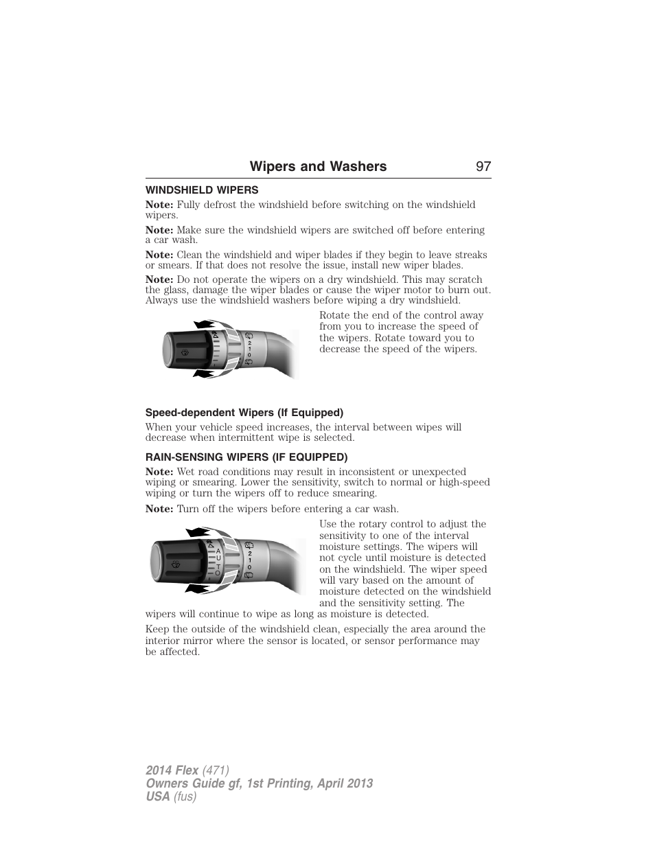 Wipers and washers, Windshield wipers, Speed-dependent wipers (if equipped) | Rain-sensing wipers (if equipped), Rain-sensing wipers, Wipers and washers 97 | FORD 2014 Flex v.1 User Manual | Page 98 / 554