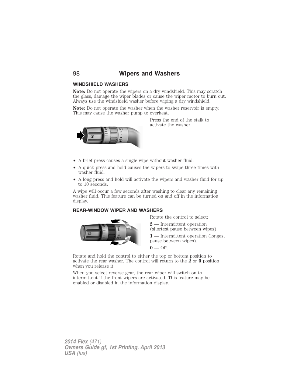 Windshield washers, Rear-window wiper and washers, Rear-window wiper and washer | 98 wipers and washers | FORD 2014 Flex v.1 User Manual | Page 99 / 554