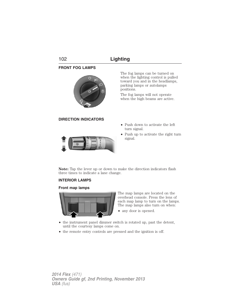 Front fog lamps, Direction indicators, Interior lamps | Front map lamps, Turn signal control, 102 lighting | FORD 2014 Flex v.2 User Manual | Page 103 / 555