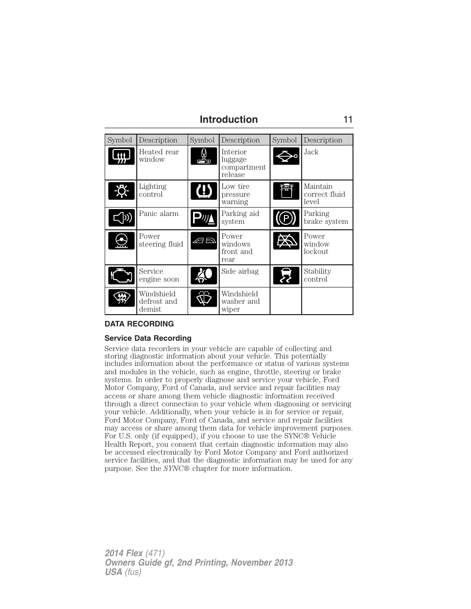 Data recording, Service data recording, Introduction 11 | FORD 2014 Flex v.2 User Manual | Page 12 / 555